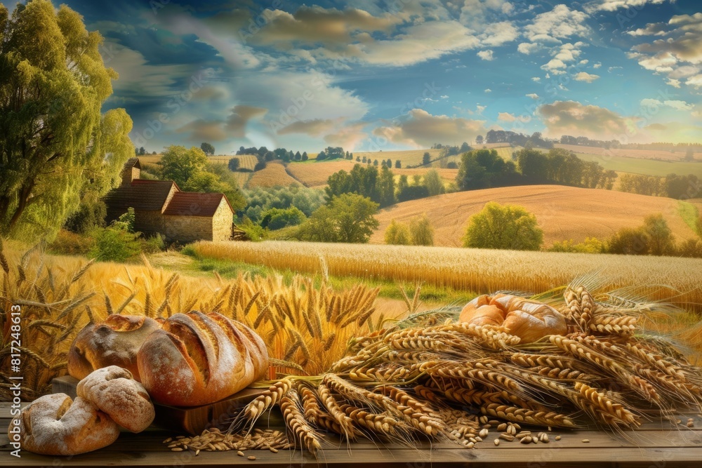Poster scene of freshly baked bread and wheat grains arranged on a rustic wooden table in a countryside set