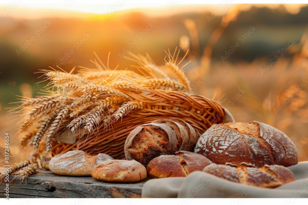 Poster a basket filled with bread and wheat placed on a wooden table under the warm light of sunset. genera