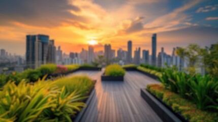 This blurred image captures the essence of a sunset over a city skyline, viewed from a lush rooftop...