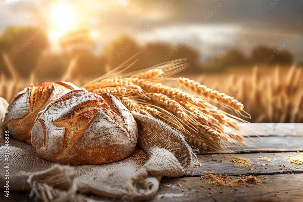 Poster freshly baked bread and golden wheat grains resting on a rustic wooden table. generative ai