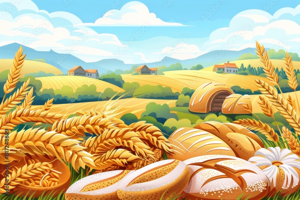 Poster A scene of wheat fields and the process of preparing bread on a countryside farm. Generative AI