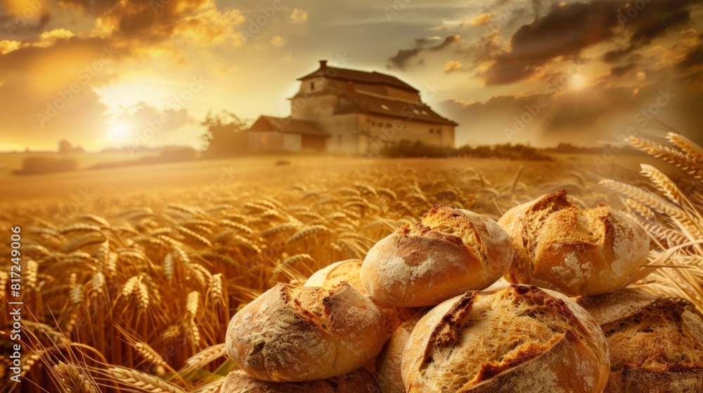 Aufkleber A wheat field with a house in the background under a clear sky. Generative AI