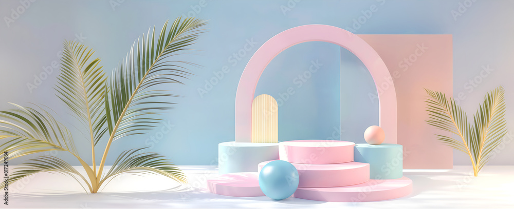 Fototapete abstract minimal concept. pastel bright colour background with podium stage, abstract geometric arch