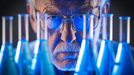 Elderly scientist, wearing glasses examines test tubes under blue lighting in a laboratory scientific research. Researcher Scientist behind some Test Tubes and Blue Lighting in Chemical Lab