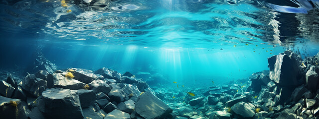Seascape, air bubbles underwater sea and blue sky with cloud, split view over and under water surface - Powered by Adobe