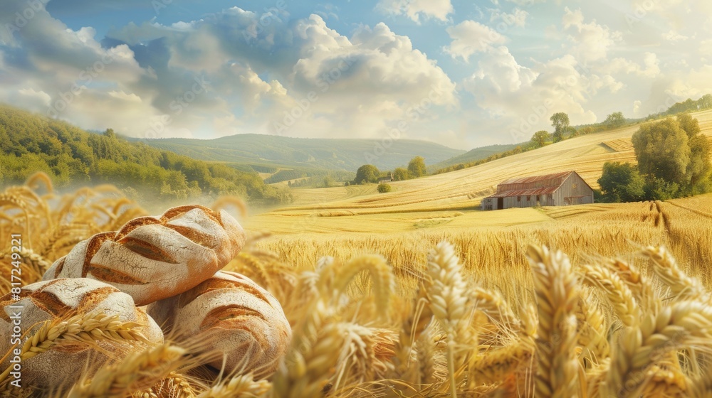 Poster A wheat field stretching in the foreground with a house visible in the distance. Generative AI