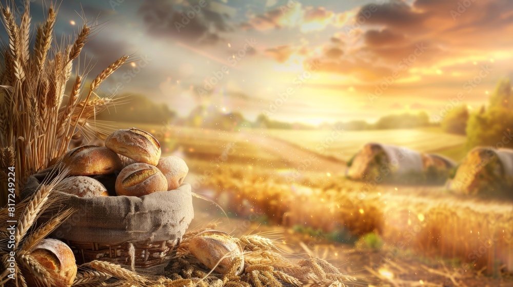 Poster a basket filled with wheat stands in a vast field during the golden hour of sunset. generative ai