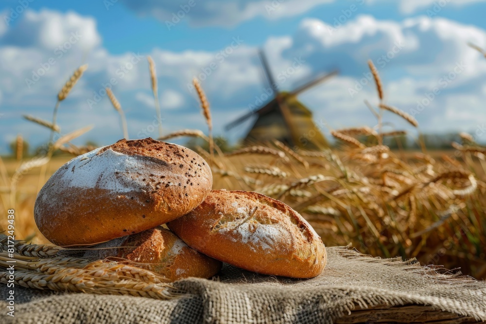 Poster a loaf of bread sits on a wooden table with a windmill in the background. generative ai