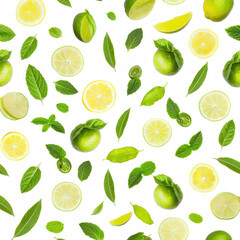 Flat lay background with limes and mint on white background