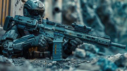 Naklejka premium Robot soldier with assault rifle, war of the future