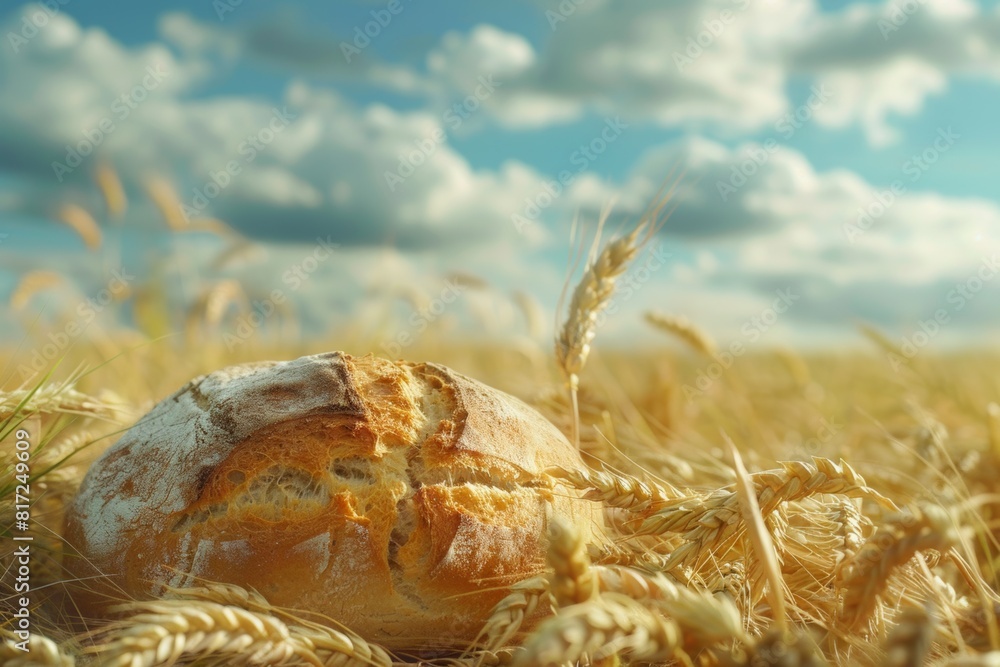 Poster A loaf of bread is placed on the ground in the middle of a wheat field, surrounded by golden stalks. Generative AI