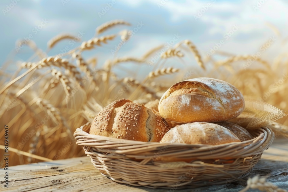 Poster a rustic basket filled with freshly baked bread sits on a wooden table surrounded by golden wheat pl