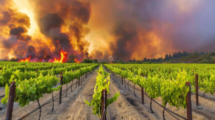 Obraz premium Vineyard and forest fire - grape harvest is in danger, possible smoke taint