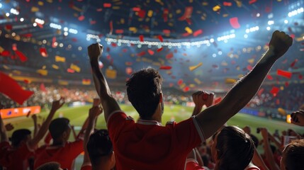 Back view of football, soccer fans cheering their team at crowded stadium at night time. Football fans celebrating a victory in stadium. Concept of sport