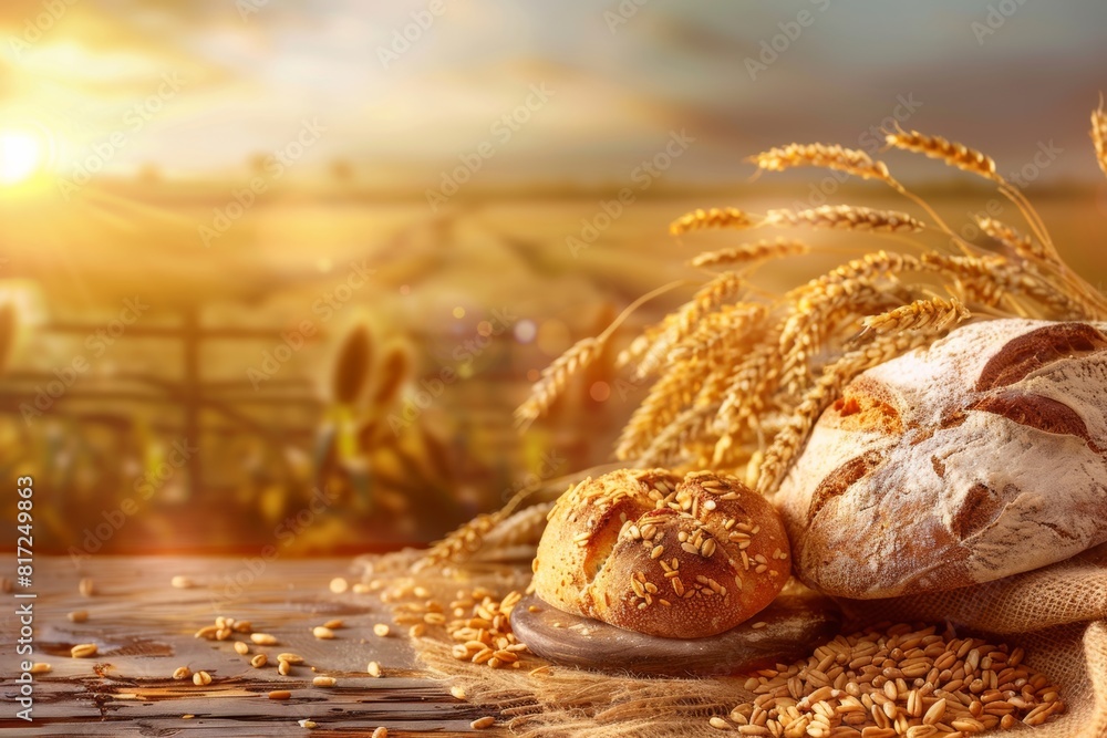 Poster bread and wheat displayed on a wooden table against a sunset backdrop. generative ai