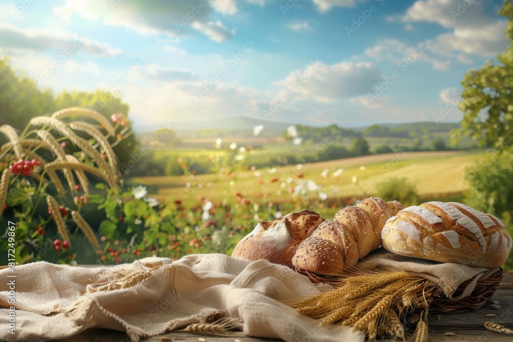 Poster a basket filled with freshly baked bread and raw wheat grains placed on a wooden table in a field. g