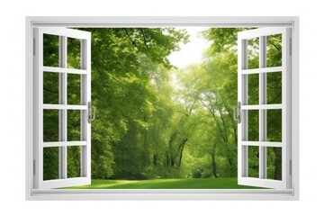 Mockup of an open window overlooking a lush forest isolated on white background