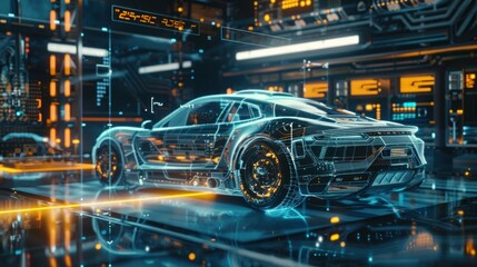 Futuristic car service, scanning, auto data analysis, Scanning a car in a hologram in HUD style, Automotive diagnostics in digital futuristic style