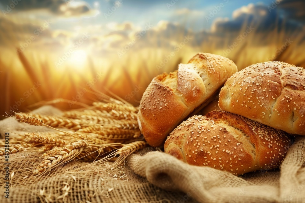 Poster a loaf of bread resting on a sack with golden wheat in the background, symbolizing farm-fresh and or