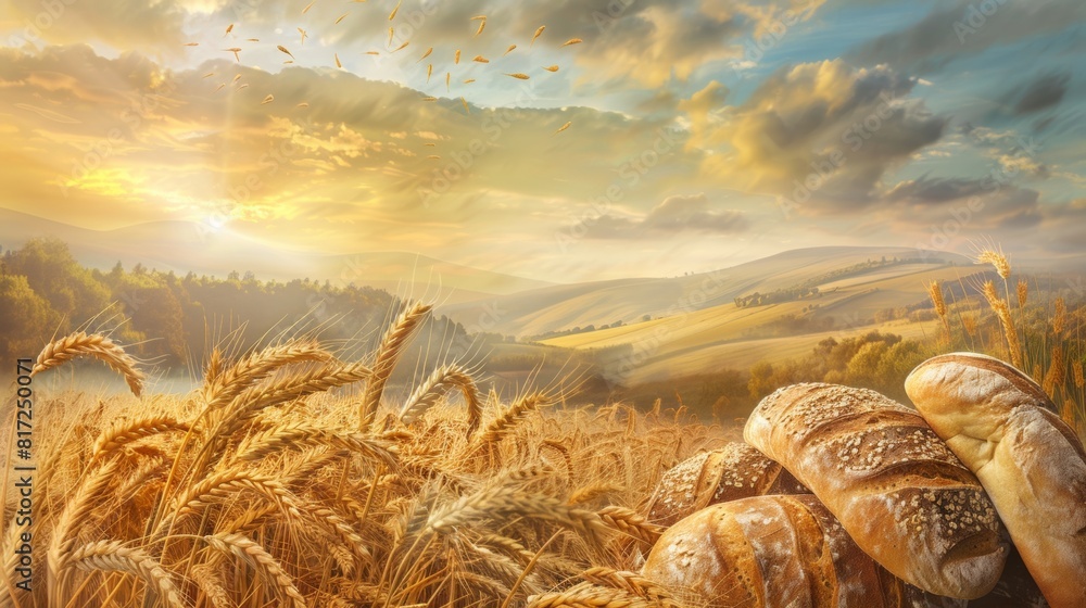 Poster a wheat field under a colorful sunset sky. generative ai