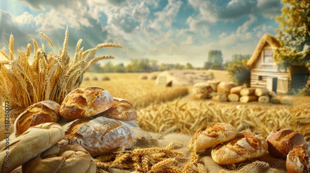 Poster Freshly baked bread and wheat grains are displayed on a rustic table in the countryside setting. Generative AI