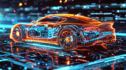 Futuristic car service, scanning, auto data analysis, Scanning a car in a hologram in HUD style, Automotive diagnostics in digital futuristic style