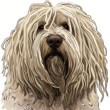 Komondor dog with dreadlocks on white, front view close up portrait, cartoon sketch style