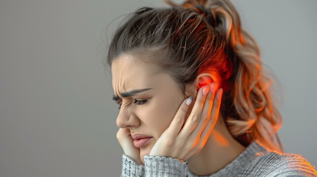 Young woman ear pain touching painful ear