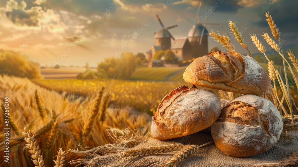 Poster A view of a vast wheat field with a windmill in the background standing tall against the sky. Generative AI