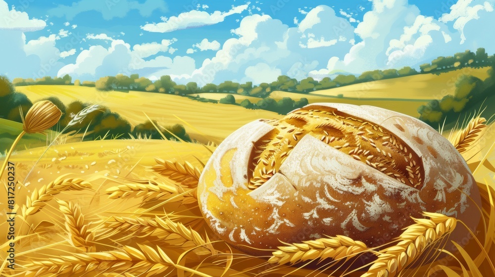 Poster a freshly baked loaf of bread sits in a wheat field, showcasing the connection between farming and f