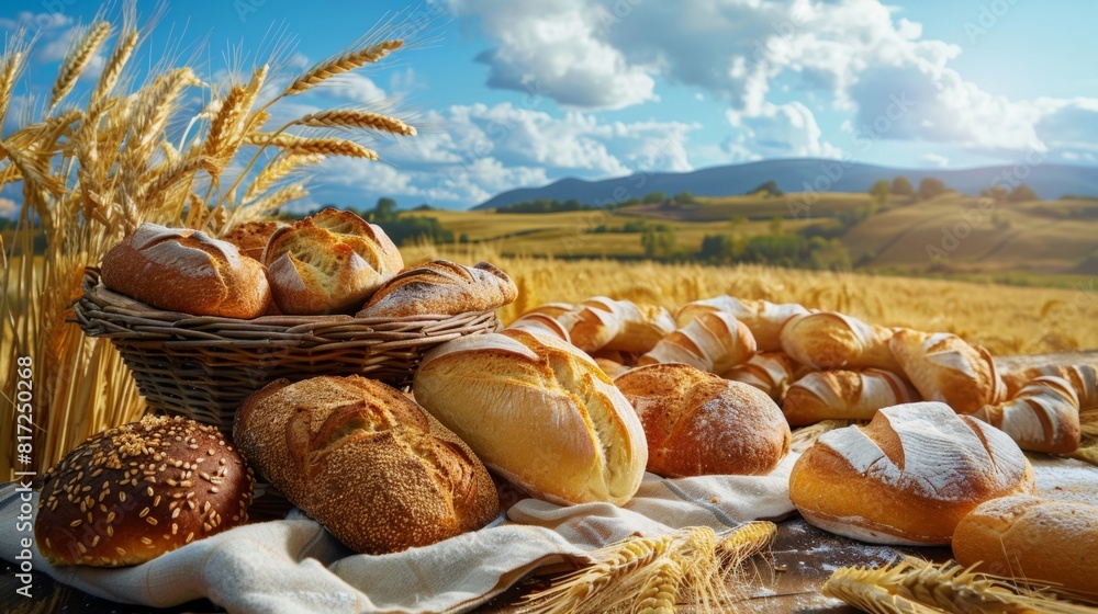 Poster A basket filled with freshly baked bread and wheat sitting on a table in the midst of a wheat field. Generative AI