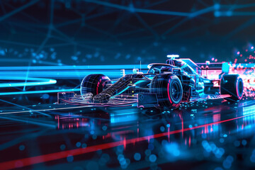 A futuristic race car is shown in a neon blue and red color scheme