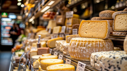 Grocery store showcase with different types of cheese