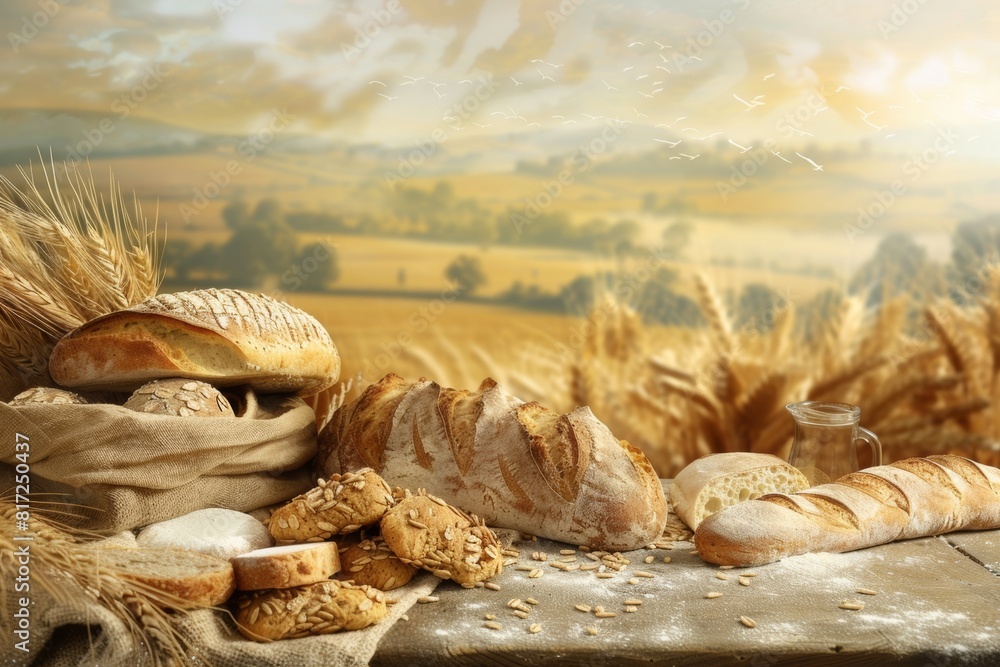 Poster A table displaying freshly baked bread, along with other farm-fresh items, set against a background of wheat fields and farm bread preparations. Generative AI
