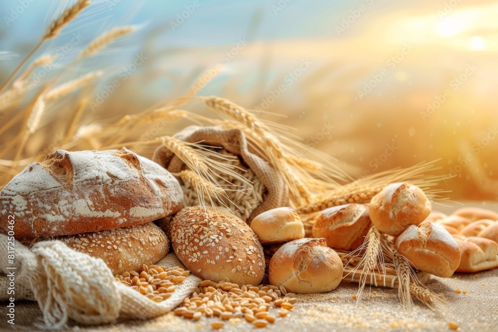 Poster A simple scene featuring bread and wheat on a table with a sunset background. Generative AI