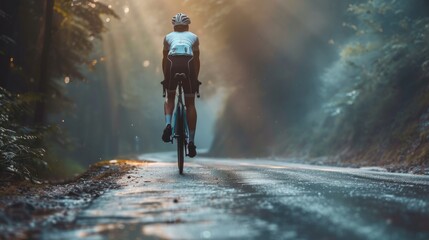 Focused cyclist riding a road bike in rainy weather on a mountain pass, showing determination and effort. The concept of cycling and a healthy life in nature.