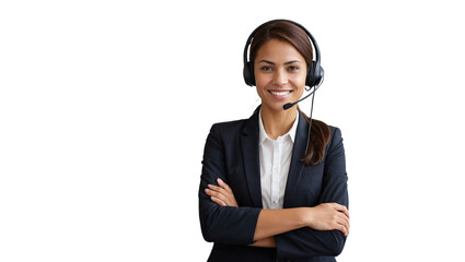 Portrait of a happy call center woman arms crossed isolated on a transparent background for consulting. Smile, customer support or service career with a young employee on PNG for telemarketing	