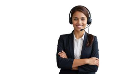 Portrait of a happy call center woman arms crossed isolated on a transparent background for consulting. Smile, customer support or service career with a young employee on PNG for telemarketing	