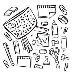 A collection of doodles featuring various office supplies like a laptop, pens, notebooks, stapler, scissors, paper clips, and more, drawn on a blank white background.