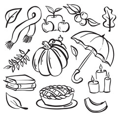 A collection of various autumn-themed icons depicted in black and white. Icons include leaves, pumpkins, acorns, scarecrows, and apples, symbolizing the fall season.