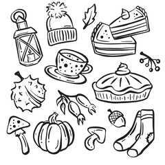 This image features a collection of autumn-themed doodles on a plain white background. The doodles 