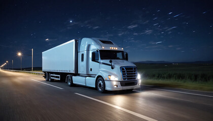 Semi truck driving on a road. Semi truck shipping commercial cargo in refrigerated semi trailer....