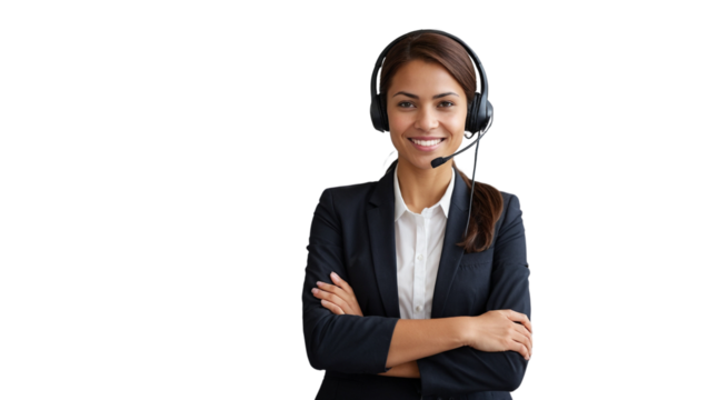 Portrait of a happy call center woman arms crossed isolated on a transparent background for consulting. Smile, customer support or service career with a young employee on PNG for telemarketing	 - Powered by Adobe