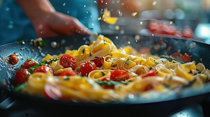   A close-up of a pan with pasta and tomatoes being stirred by a person with a spatula