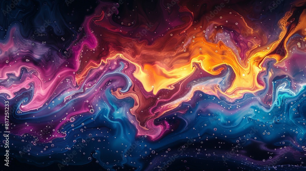 Poster close-up view showcasing intricate abstract patterns formed using ferromagnetic liquid and other che