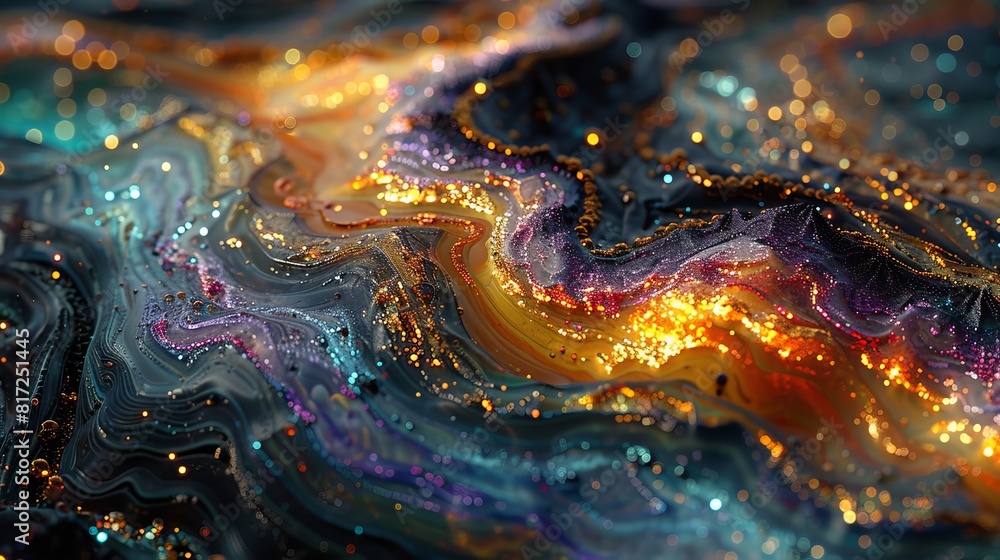 Poster close-up view showcasing intricate abstract patterns formed using ferromagnetic liquid and other che