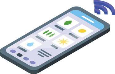 3d isometric illustration of a modern smartphone displaying apps and wireless signal