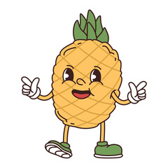 Retro groovy funny fruit. Naughty anthropomorphic character yellow pineapple on white background. Vector flat illustration.