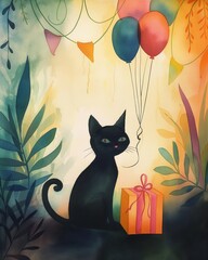 Black cat in jungle with ballons. Watercolor hand drawing poster, design, greeting cards. Watercolor black cat.