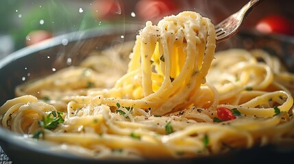   A fork holds a close-up pasta dish with parsley sprigs on top